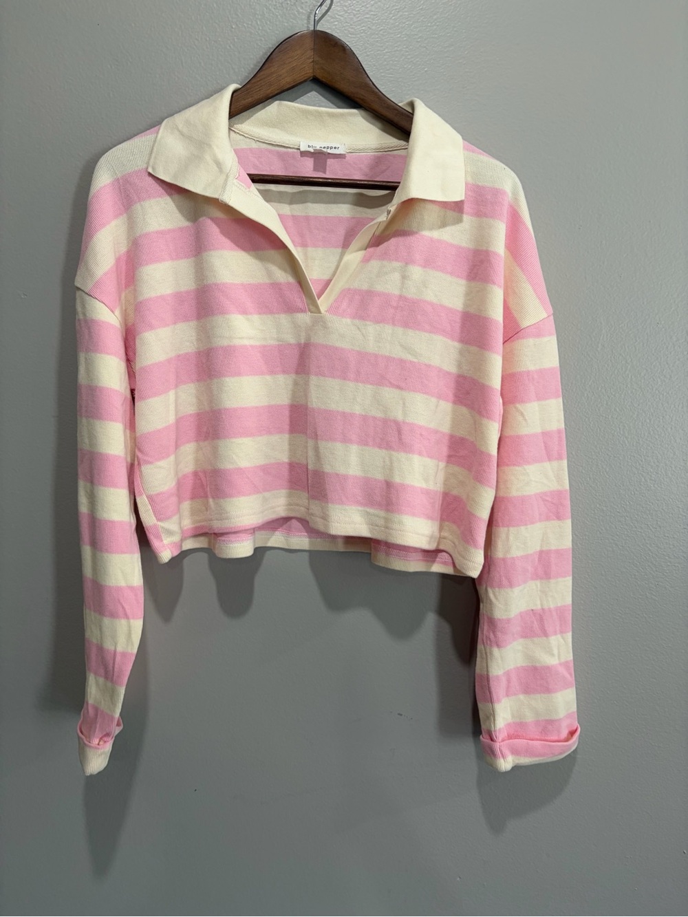 Blu Pepper Pink and Cream Striped Polo Sweater Crop Top size L